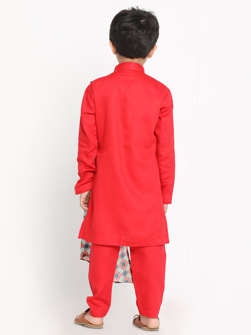 JBN CREATION Boy's Printed Dupatta Attached With A Belt Red Kurta And Pyjama Set